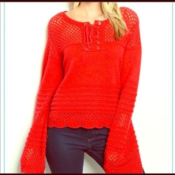 Kate C. Red  Crochet Long Sleeve Cropped  Sweater Size Small/Medium - Picture 1 of 10